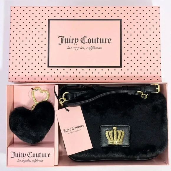 Juicy Couture Black Fur Bag & Heart Pom Pom Keychain Charm Gift Set - Picture 3 of 14